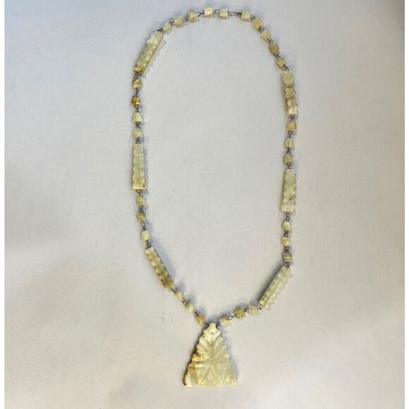 Hand Carved Quartz Beaded Necklace 13" Triangle Pendant 2.25 x 1.75" White/Tan - Picture 2 of 6